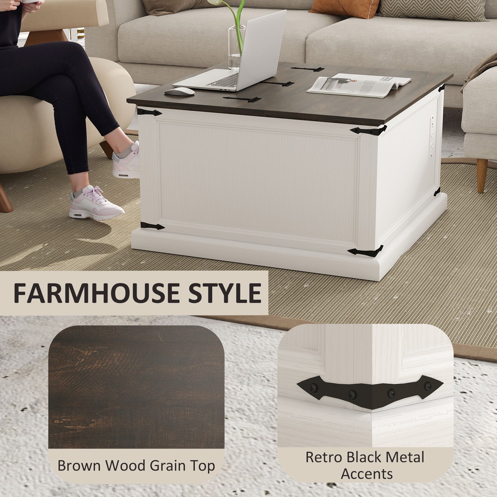 Square Lift Top Coffee Table with Charging Station - White-DECOROLALA