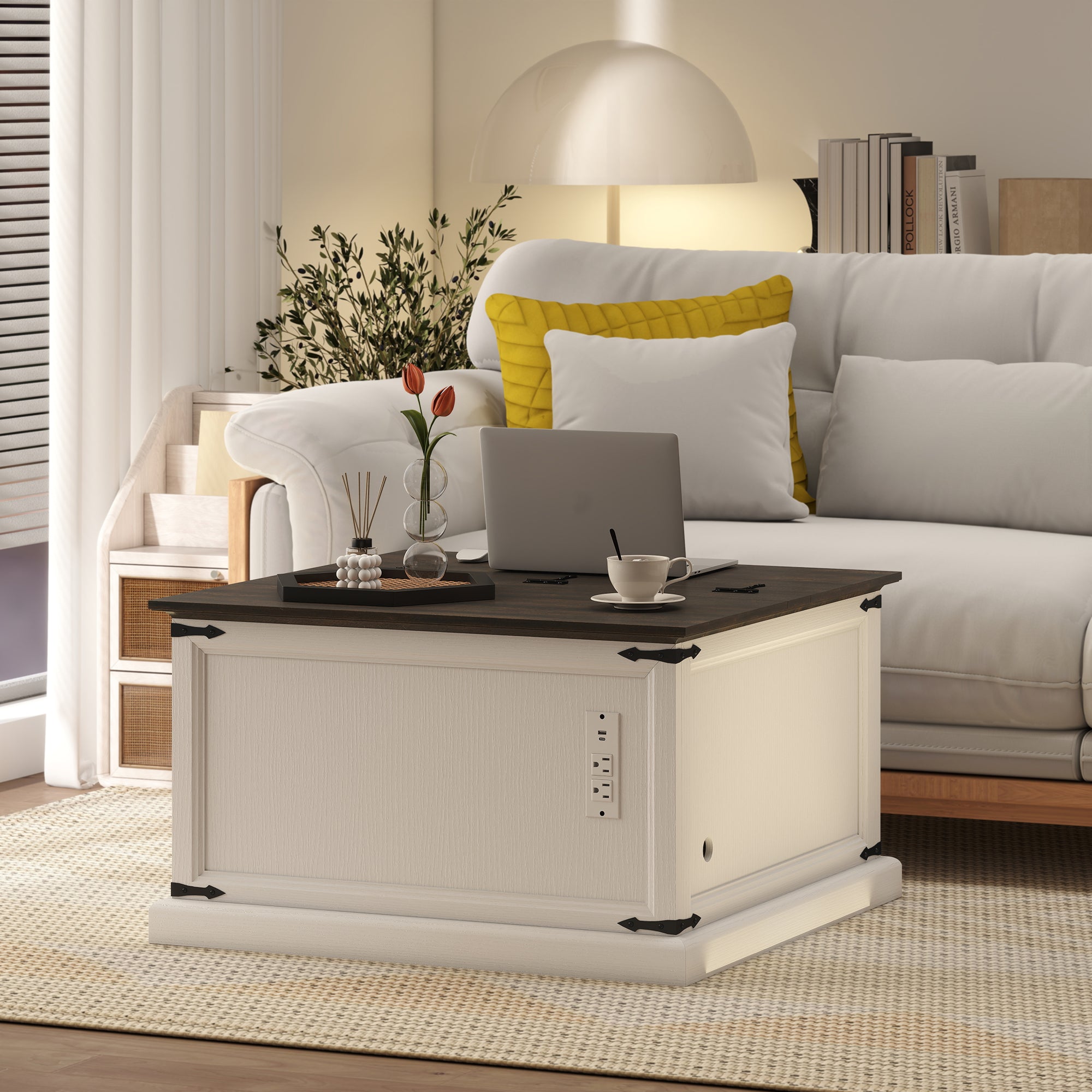 Square Lift Top Coffee Table with Charging Station - White-DECOROLALA