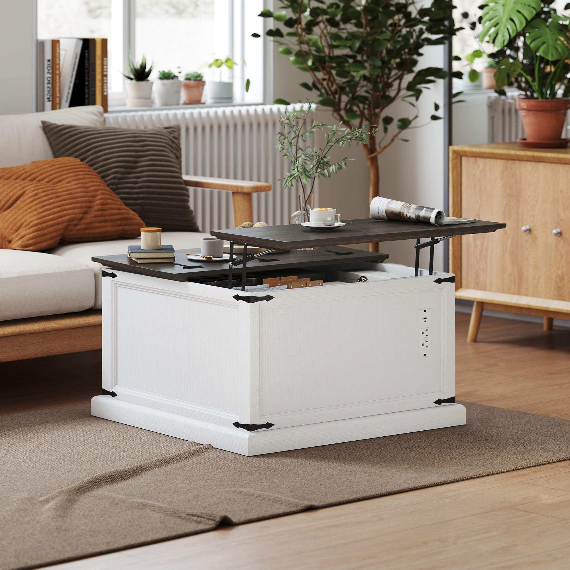Square Lift Top Coffee Table with Charging Station - White-DECOROLALA