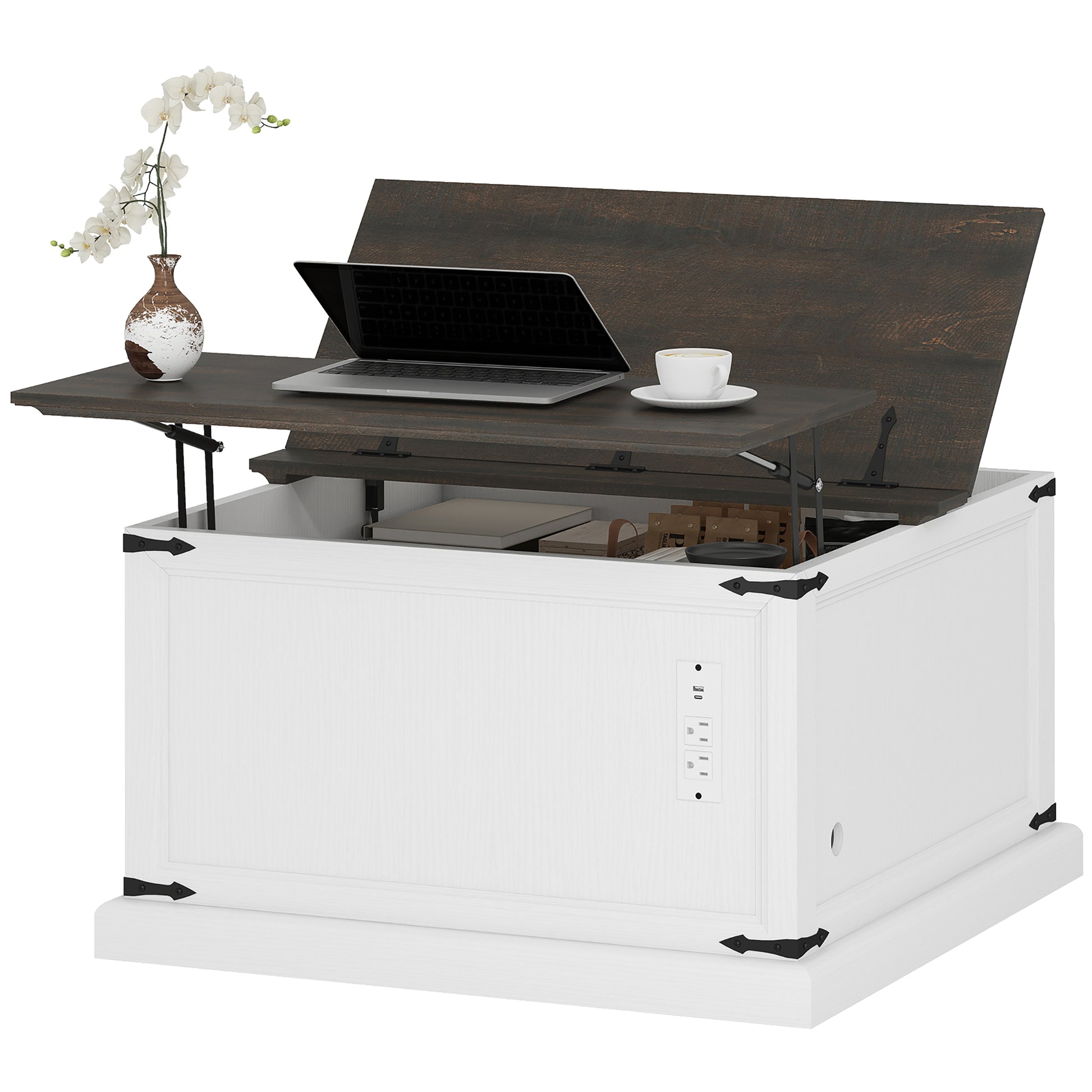 Square Lift Top Coffee Table with Charging Station - White-DECOROLALA
