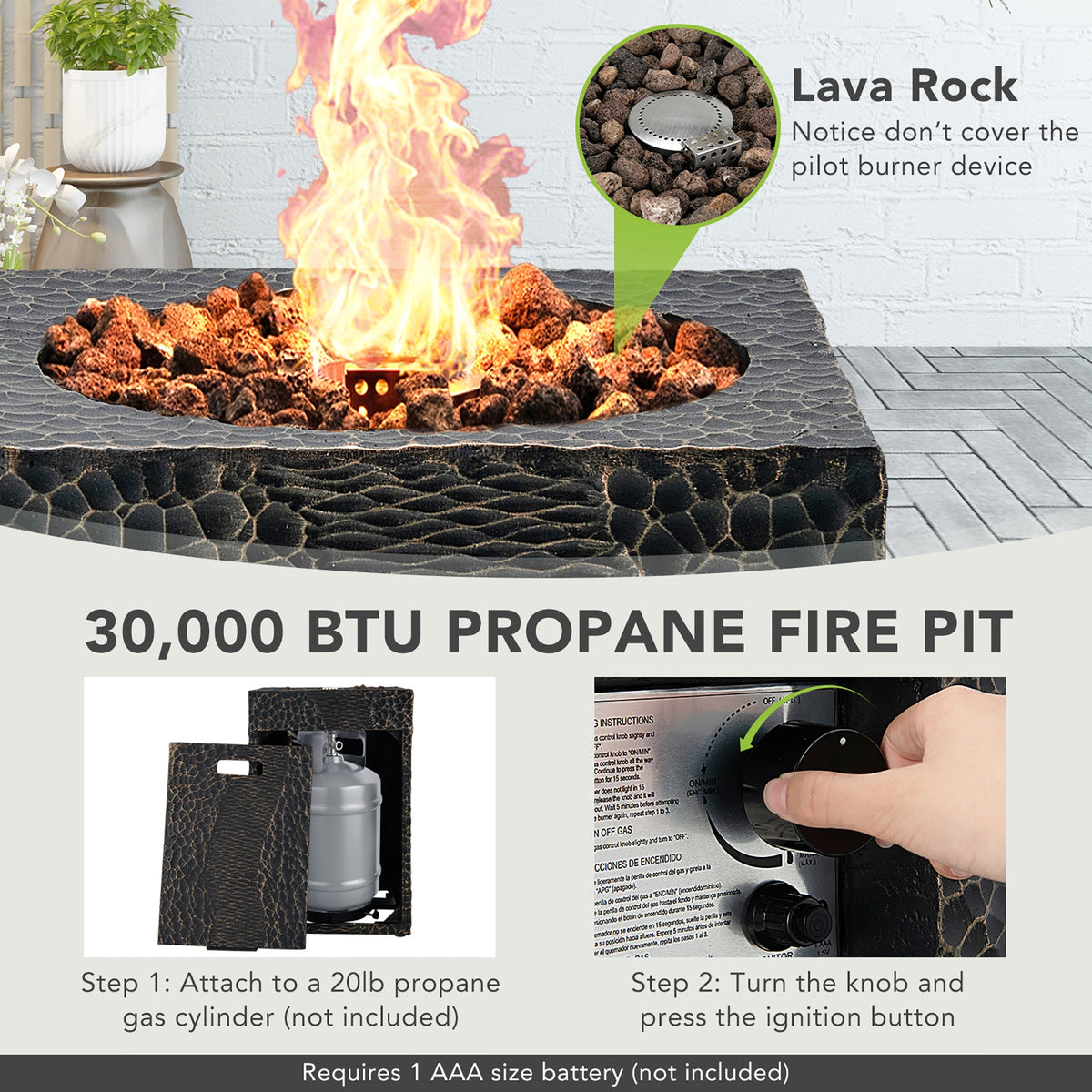 Square Outdoor Propane Fire Pit with Lava Rocks Waterproof Cover 30000 BTU-Fire Pit Tables-DECOROLALA