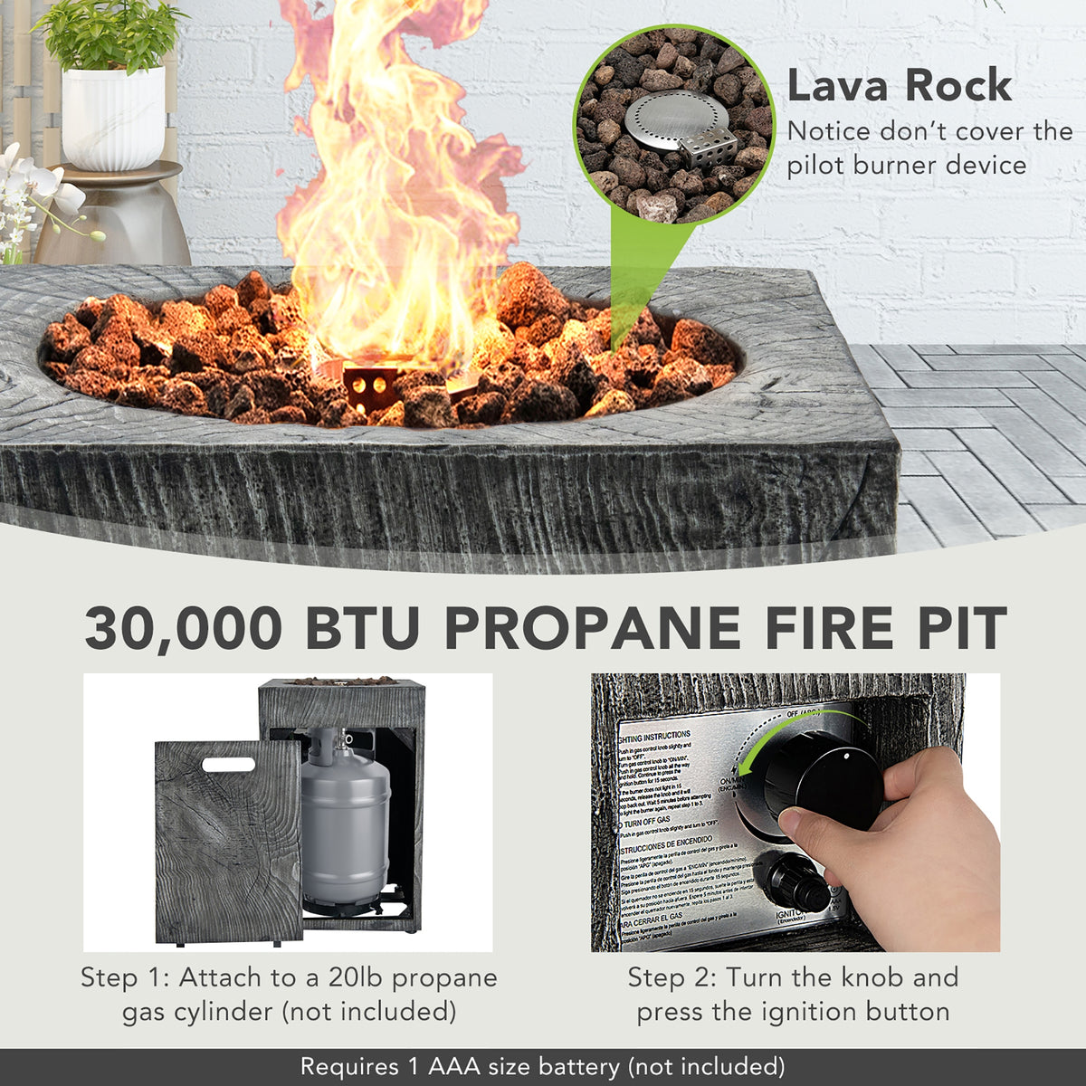 Square Outdoor Propane Fire Pit with Lava Rocks Waterproof Cover 30000 BTU-Fire Pit Tables-DECOROLALA