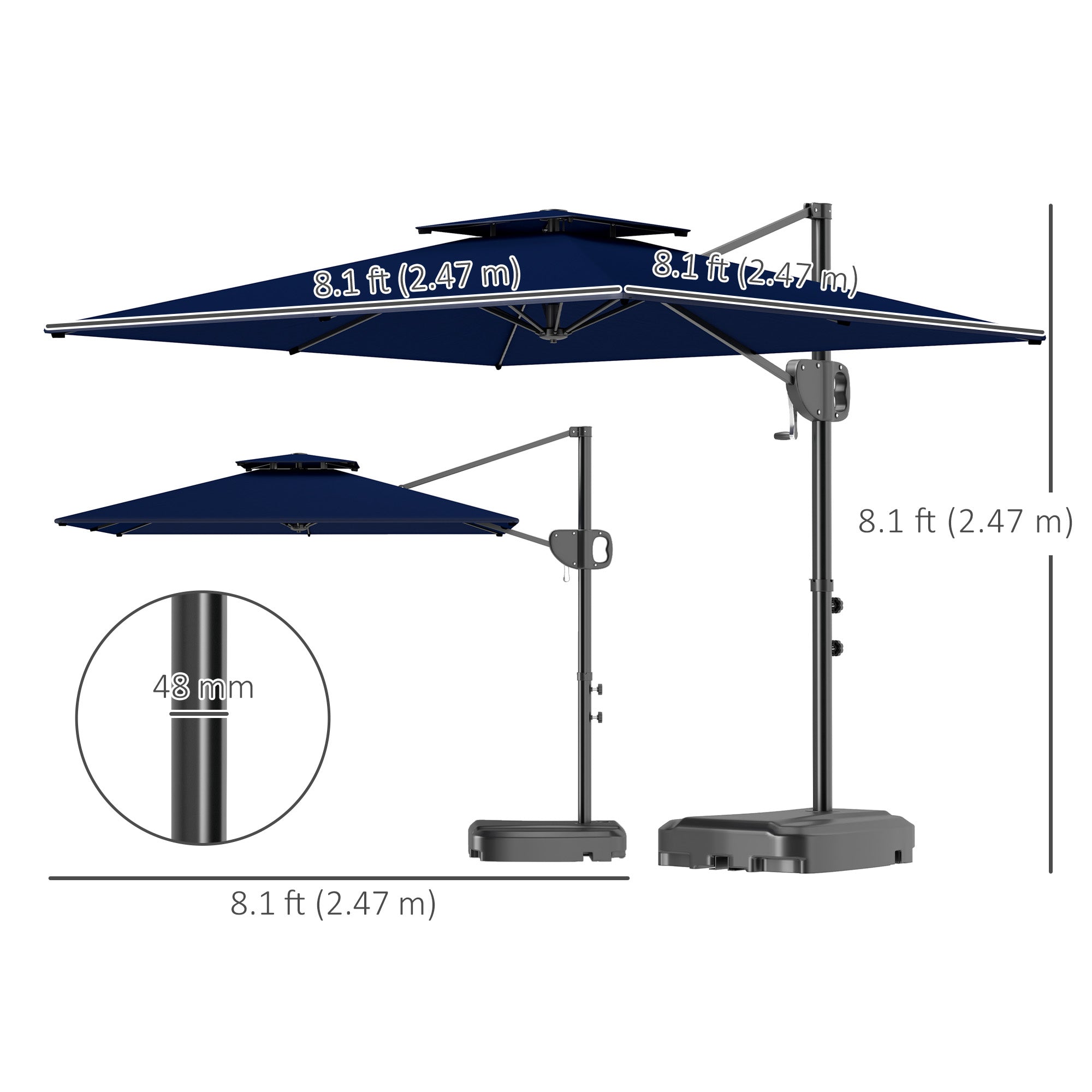 Square Patio Umbrella 8'x9' Dark Blue UV Protection, Tilt Crank-DECOROLALA
