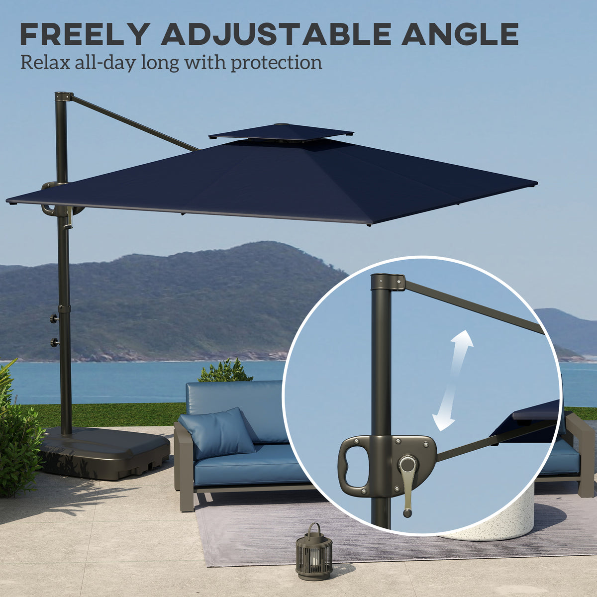 Square Patio Umbrella 8'x9' Dark Blue UV Protection, Tilt Crank-Patio Umbrellas-DECOROLALA