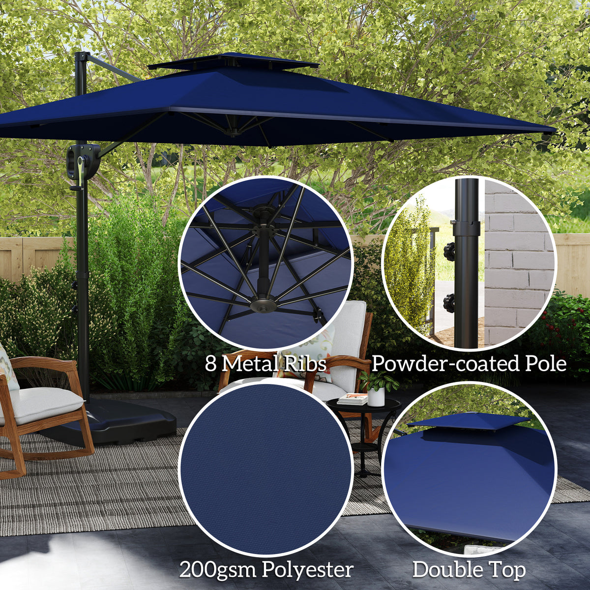 Square Patio Umbrella 8'x9' Dark Blue UV Protection, Tilt Crank-Patio Umbrellas-DECOROLALA
