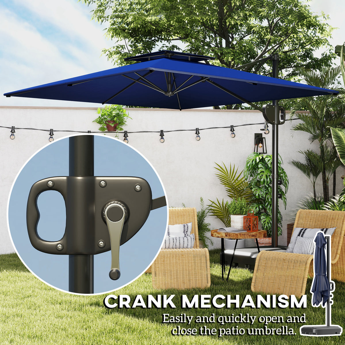 Square Patio Umbrella 8'x9' Dark Blue UV Protection, Tilt Crank-Patio Umbrellas-DECOROLALA