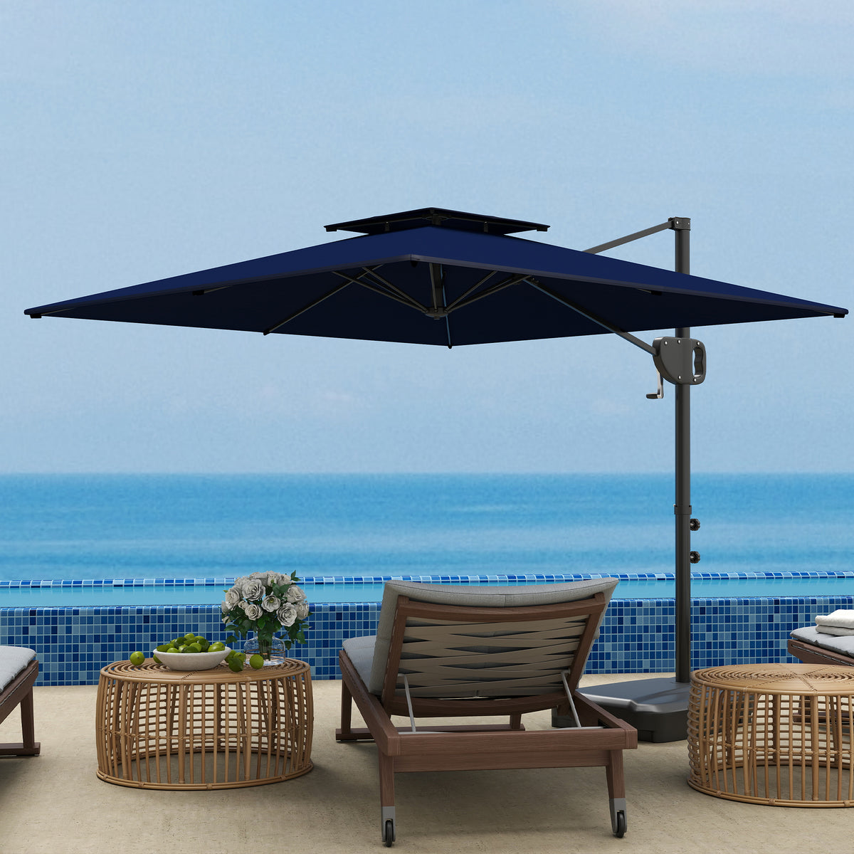 Square Patio Umbrella 8'x9' Dark Blue UV Protection, Tilt Crank-Patio Umbrellas-DECOROLALA