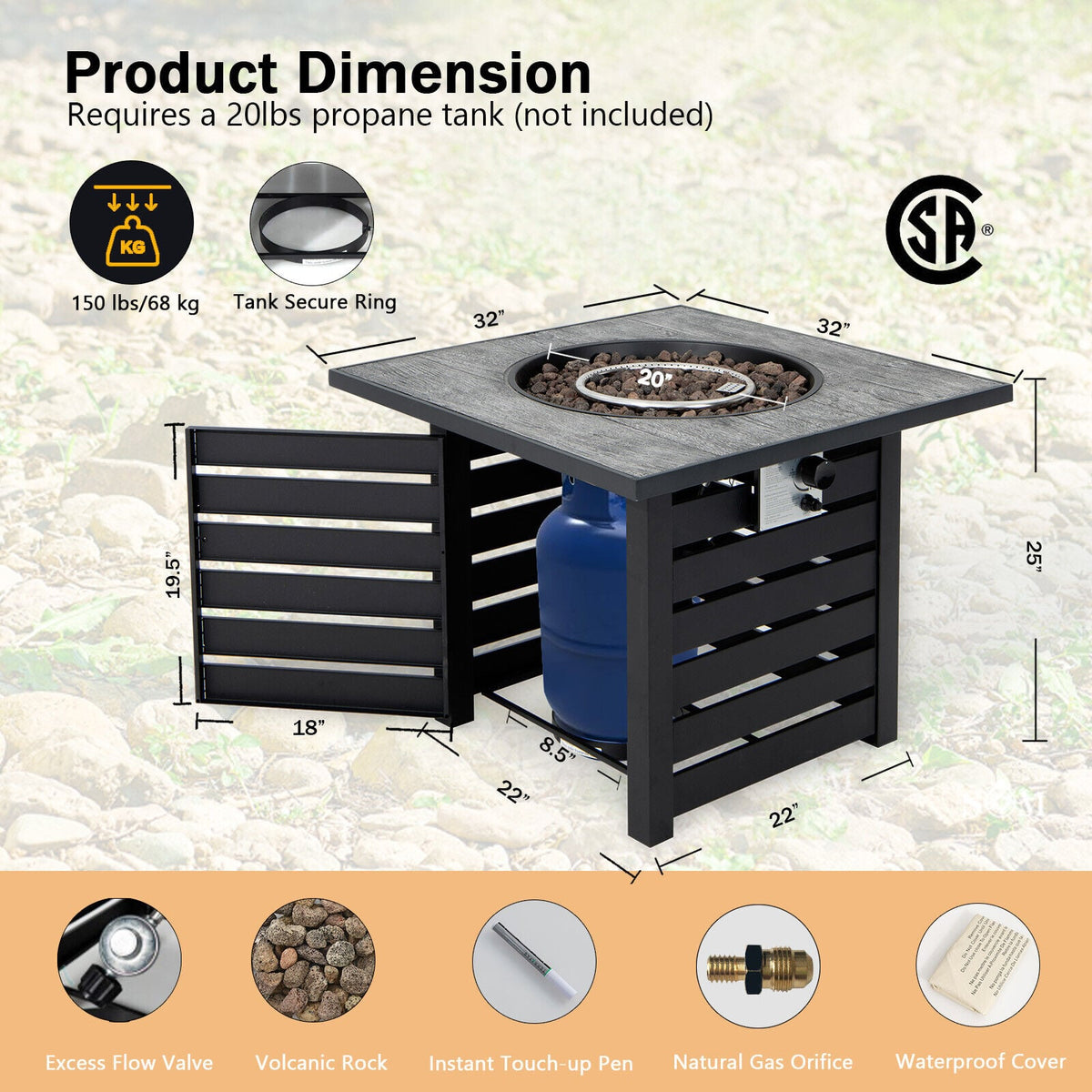 Square Propane Fire Pit Table with Lava Rocks and Rain Cover-Fire Pit Tables-DECOROLALA