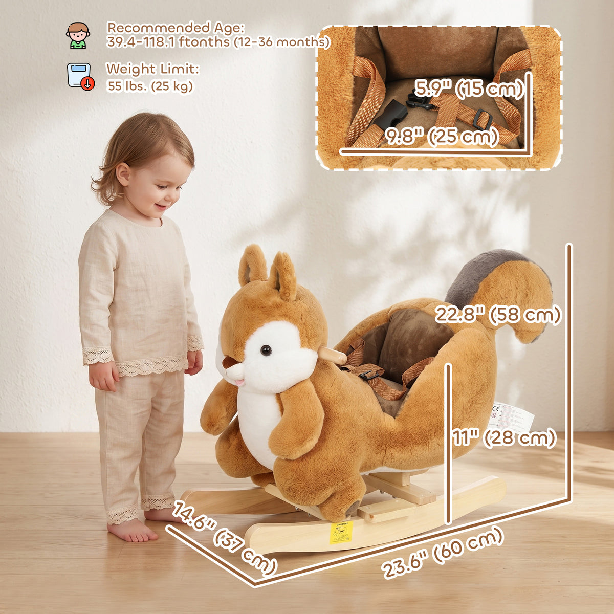 Rocking Horse for Toddlers 1-3 Years, Squirrel Baby Rocking Horse with Animal Sound, Safety Belt, Brown-Toys & Games > Baby & Toddler Toys > Riding & Rocking Toys > Rocking Horses-DECOROLALA