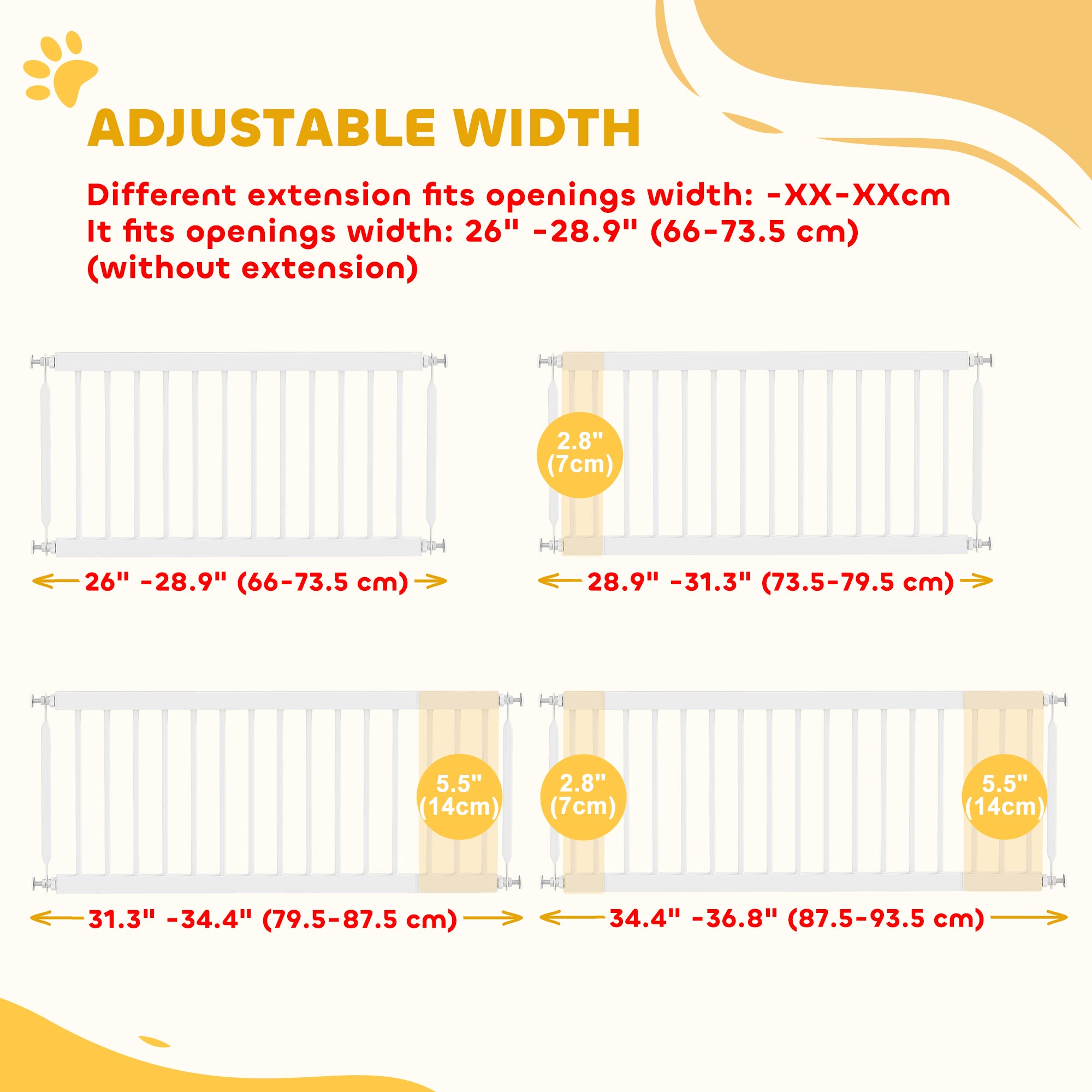 26"-37" Dog Gate, Adjustable Pet Gate, Fits 14" Tall with 2 Extension, Pressure Mount Kit for Stairs and Doorways, White