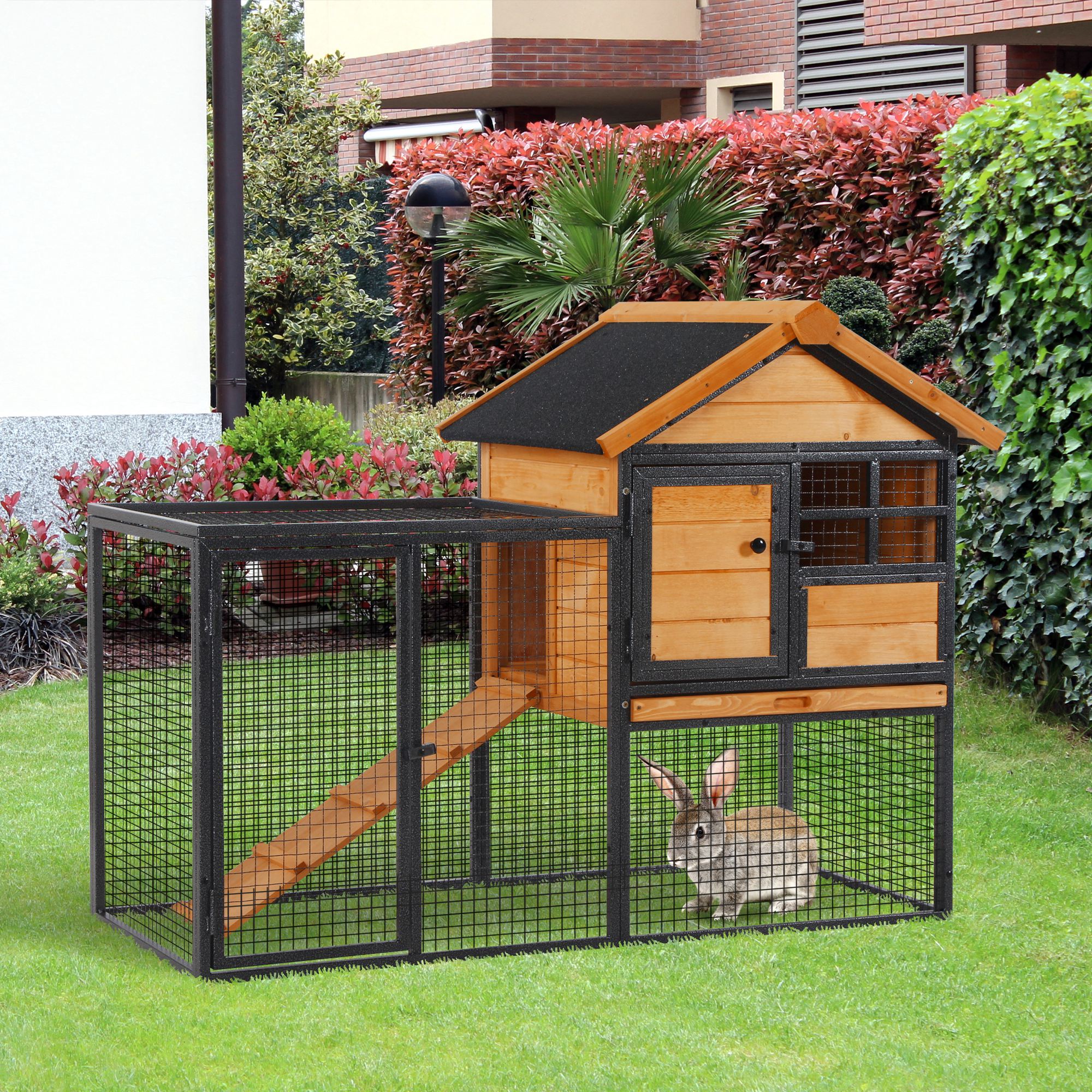 Clapier extérieur pour lapins, 48"L, grand enclos en bois avec espace de course, structure métallique résistante aux morsures, plateau en plastique amovible, toit en asphalte, rampe, cage pour cochons d’Inde et 1 à 2 lapins, jaune