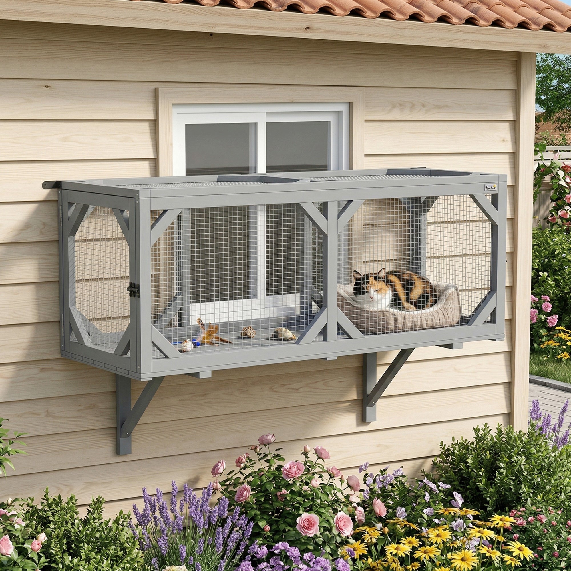 Cat Tunnel, Wooden Catio Outdoor Cat Enclosure with 2 Doors and Extendable Design, Wall-Mounted Pet Run