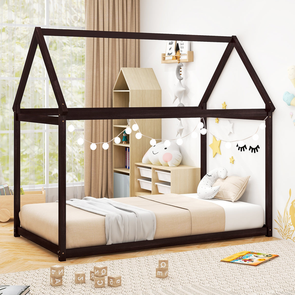 Stable Kids Platform Floor Bed with Roof and Heavy-Duty Slats-Espresso-Simple Bed Frame-DECOROLALA