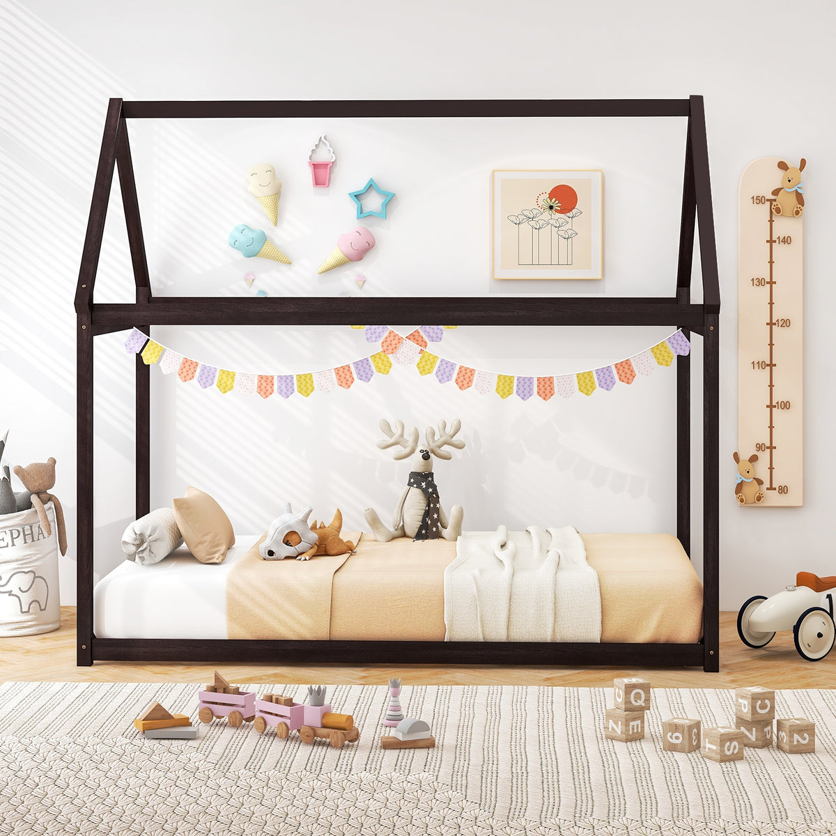Stable Kids Platform Floor Bed with Roof and Heavy-Duty Slats-Espresso-Simple Bed Frame-DECOROLALA