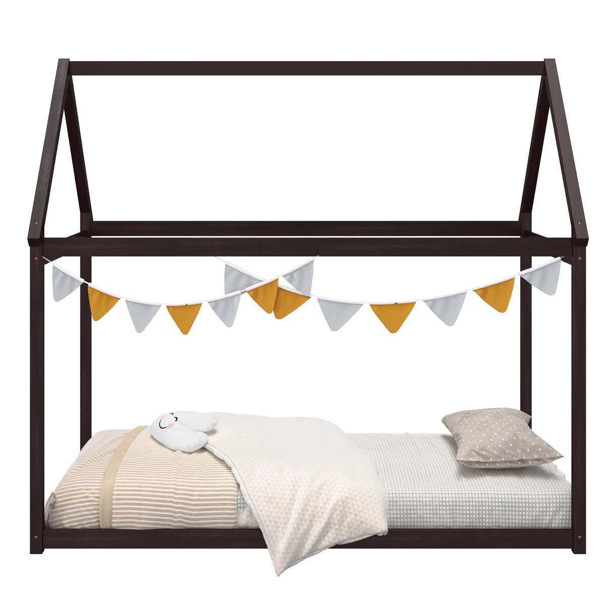 Stable Kids Platform Floor Bed with Roof and Heavy-Duty Slats-Espresso-Simple Bed Frame-DECOROLALA