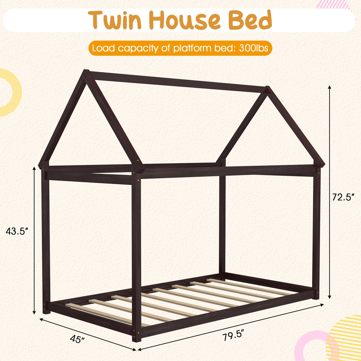 Stable Kids Platform Floor Bed with Roof and Heavy-Duty Slats-Espresso-Simple Bed Frame-DECOROLALA