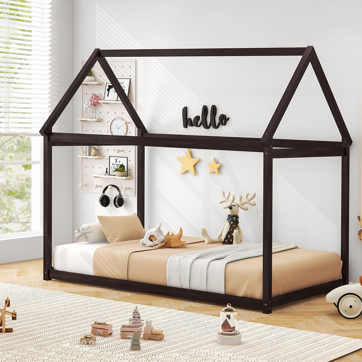 Stable Kids Platform Floor Bed with Roof and Heavy-Duty Slats-Espresso-Simple Bed Frame-DECOROLALA