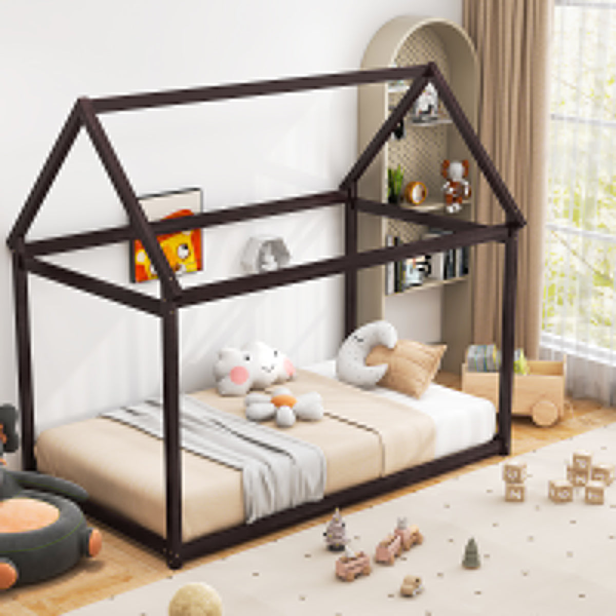 Stable Kids Platform Floor Bed with Roof and Heavy-Duty Slats-Espresso-Simple Bed Frame-DECOROLALA