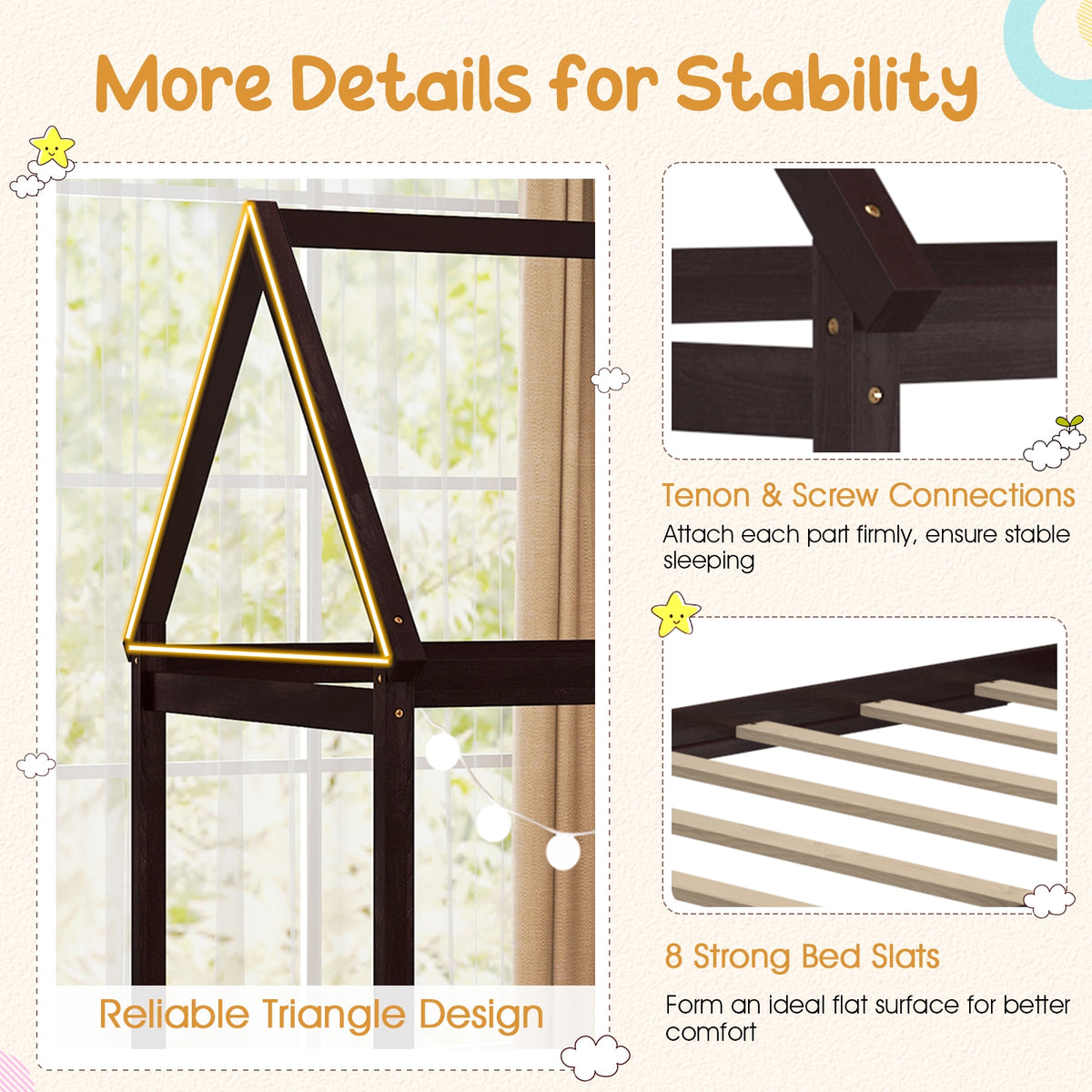 Stable Kids Platform Floor Bed with Roof and Heavy-Duty Slats-Espresso-Simple Bed Frame-DECOROLALA