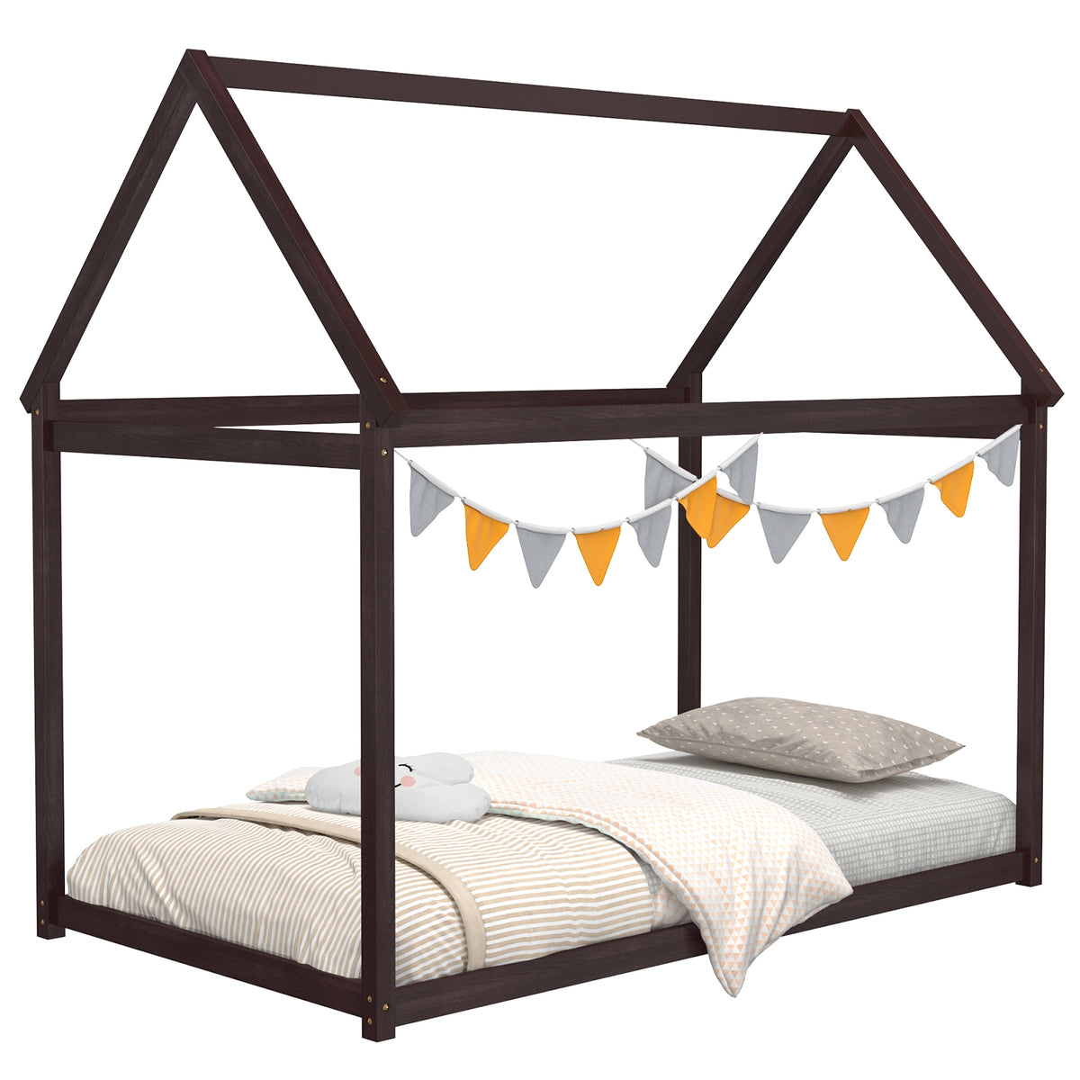 Stable Kids Platform Floor Bed with Roof and Heavy-Duty Slats-Espresso-Simple Bed Frame-DECOROLALA