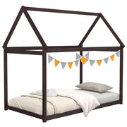 Stable Kids Platform Floor Bed with Roof and Heavy-Duty Slats-Espresso-Simple Bed Frame-DECOROLALA