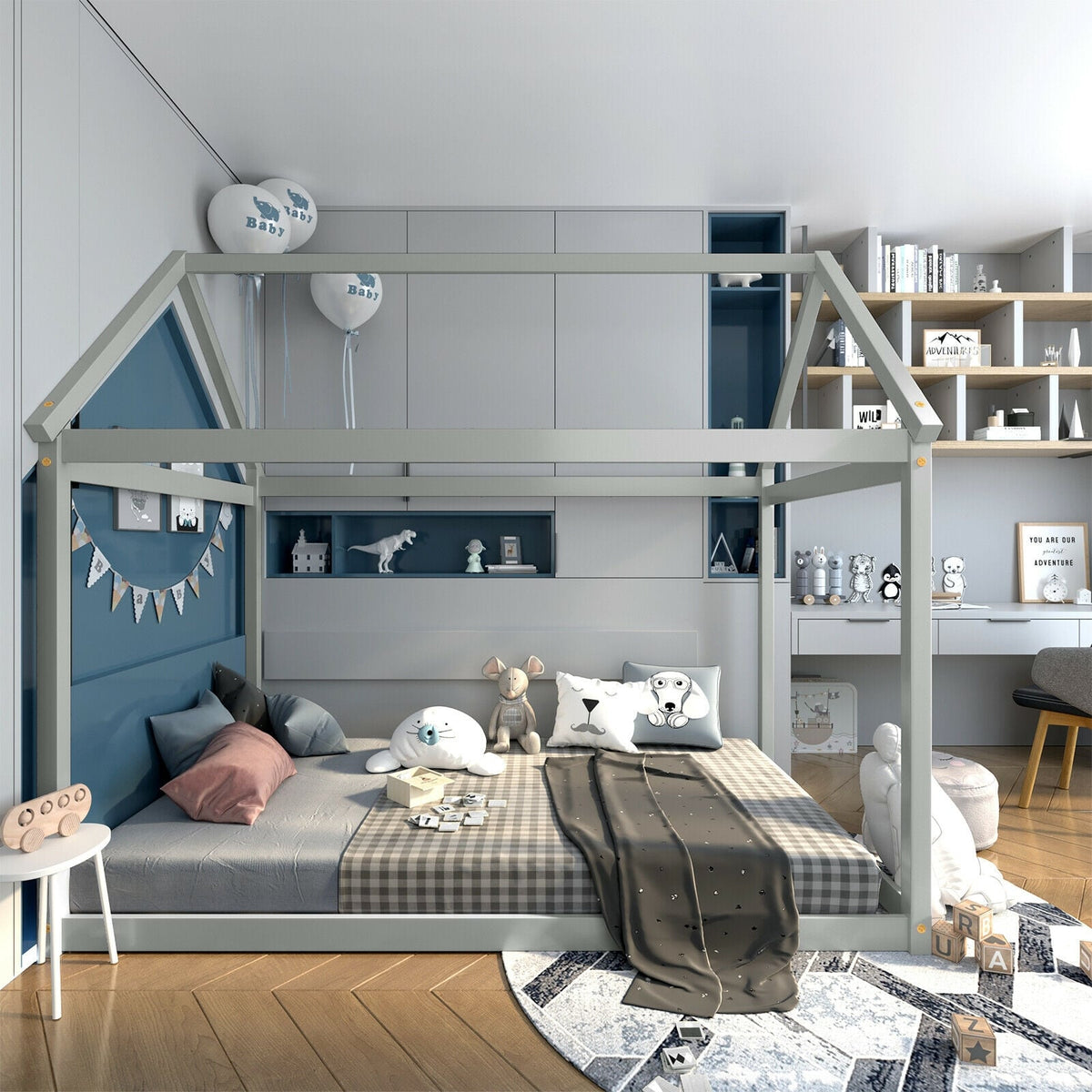 Stable Kids Platform Floor Bed with Roof and Heavy-Duty Slats-Gray-Simple Bed Frame-DECOROLALA