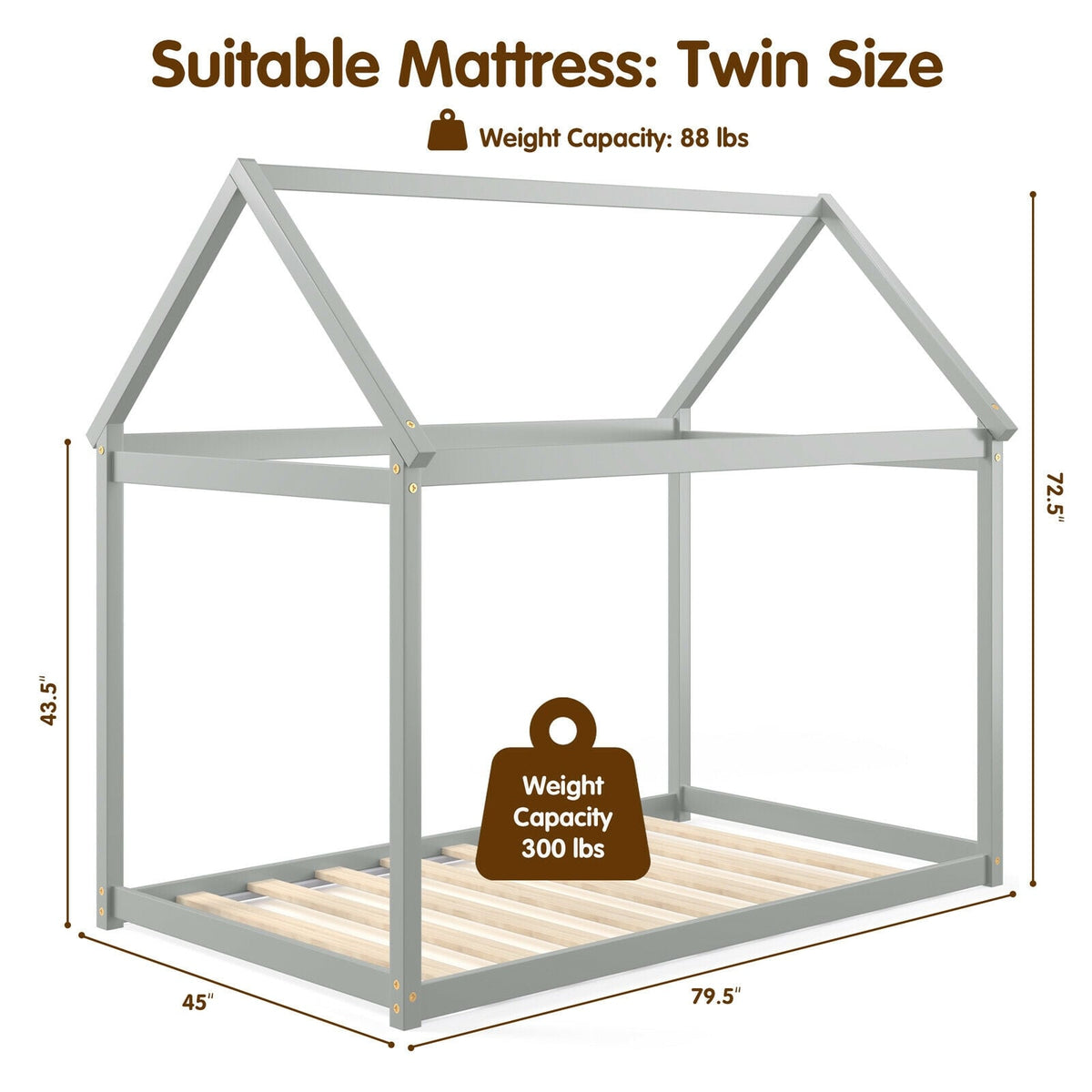 Stable Kids Platform Floor Bed with Roof and Heavy-Duty Slats-Gray-Simple Bed Frame-DECOROLALA