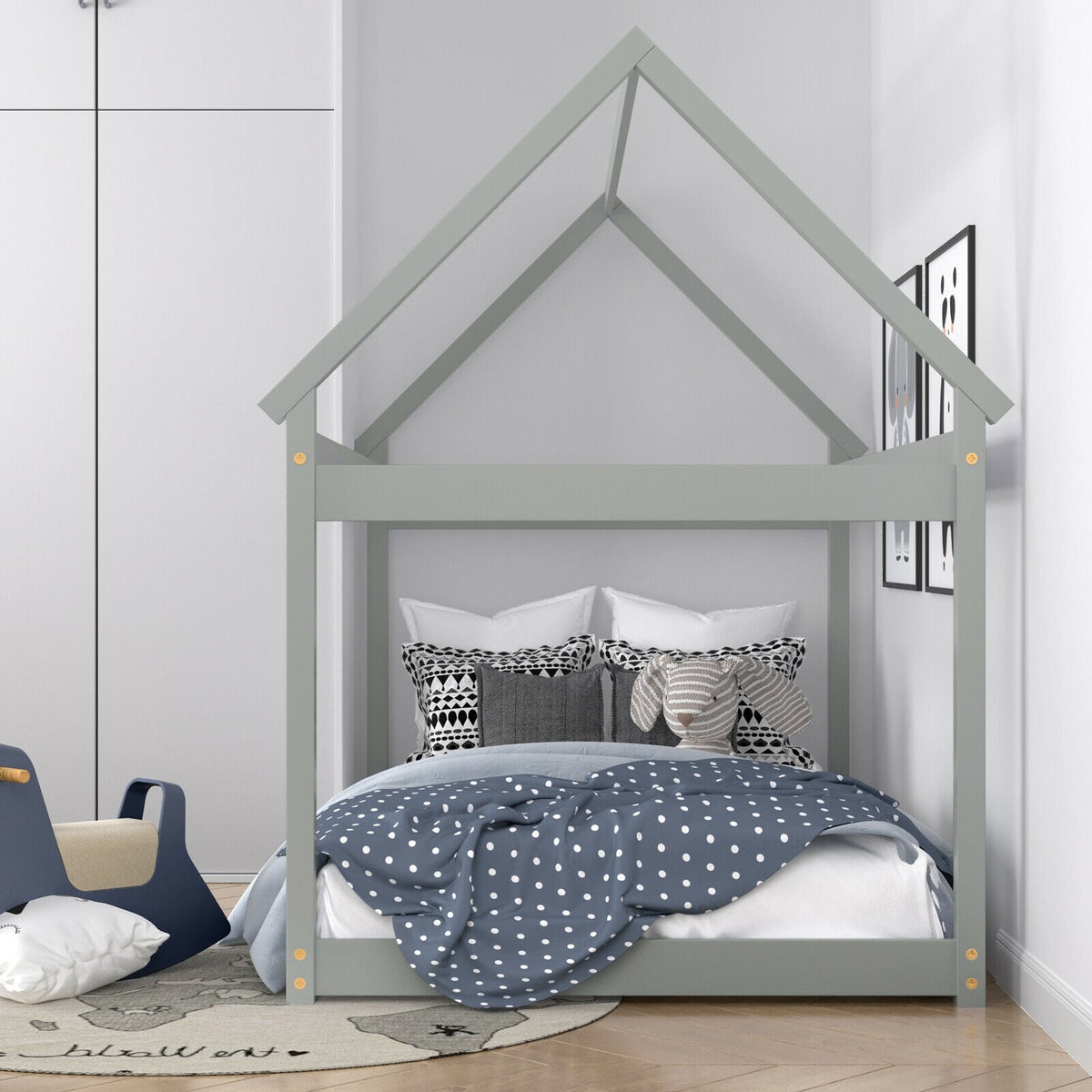 Stable Kids Platform Floor Bed with Roof and Heavy-Duty Slats-Gray-Simple Bed Frame-DECOROLALA