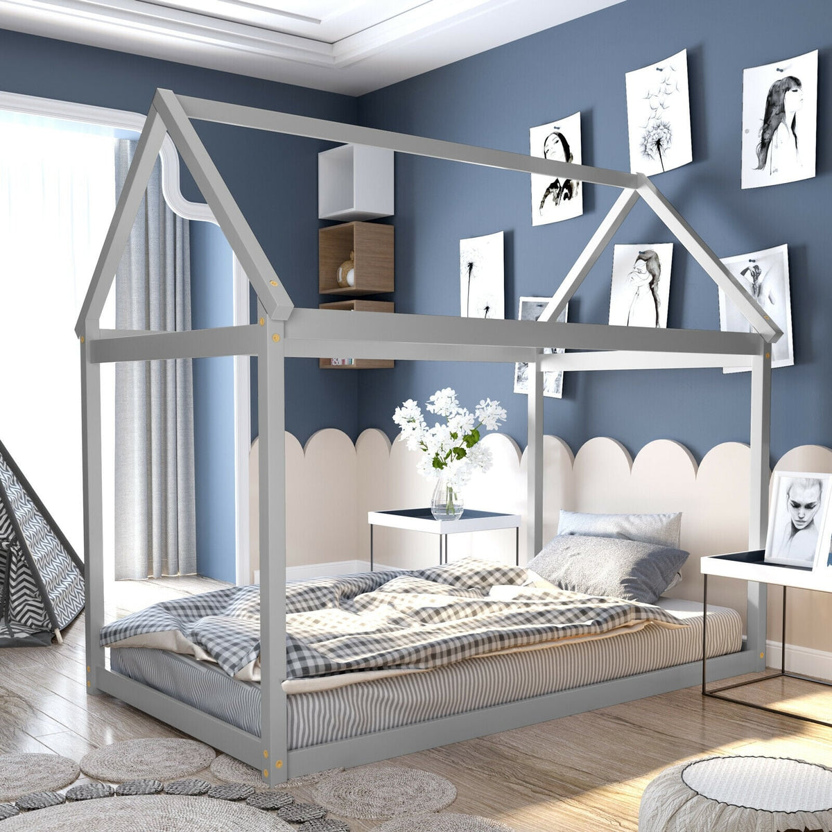 Stable Kids Platform Floor Bed with Roof and Heavy-Duty Slats-Gray-Simple Bed Frame-DECOROLALA
