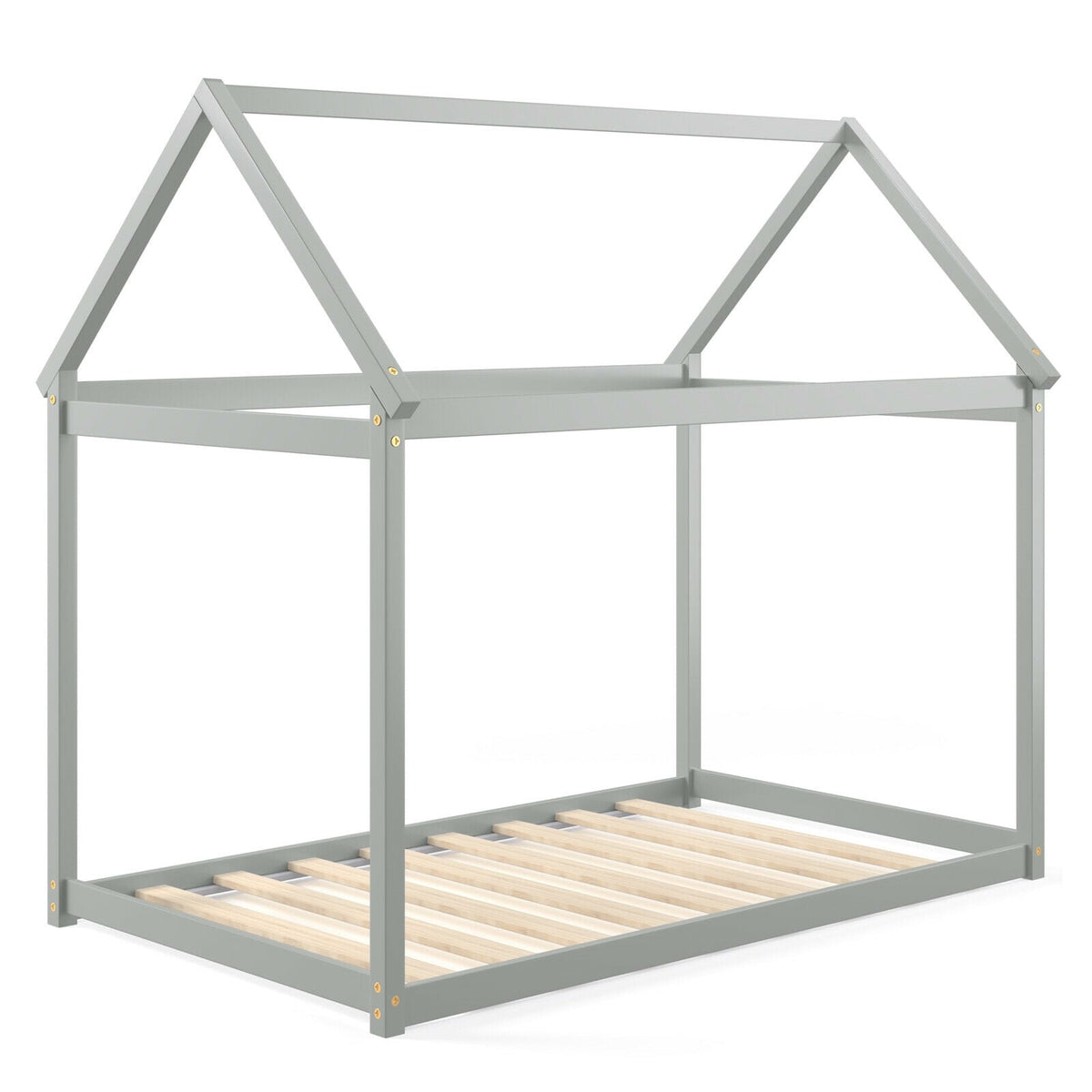 Stable Kids Platform Floor Bed with Roof and Heavy-Duty Slats-Gray-Simple Bed Frame-DECOROLALA