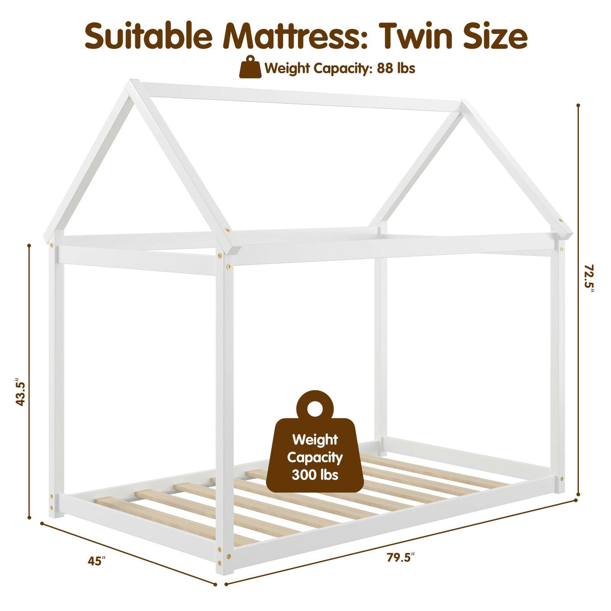 Stable Kids Platform Floor Bed with Roof and Heavy-Duty Slats-Simple Bed Frame-DECOROLALA