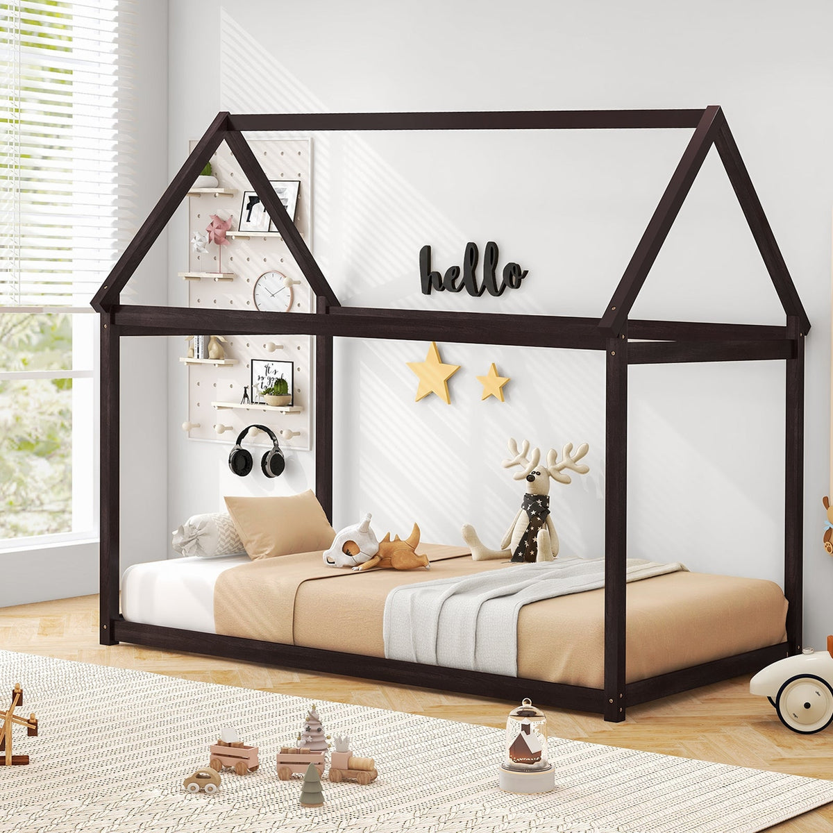 Stable Kids Platform Floor Bed with Roof and Heavy-Duty Slats-Simple Bed Frame-DECOROLALA