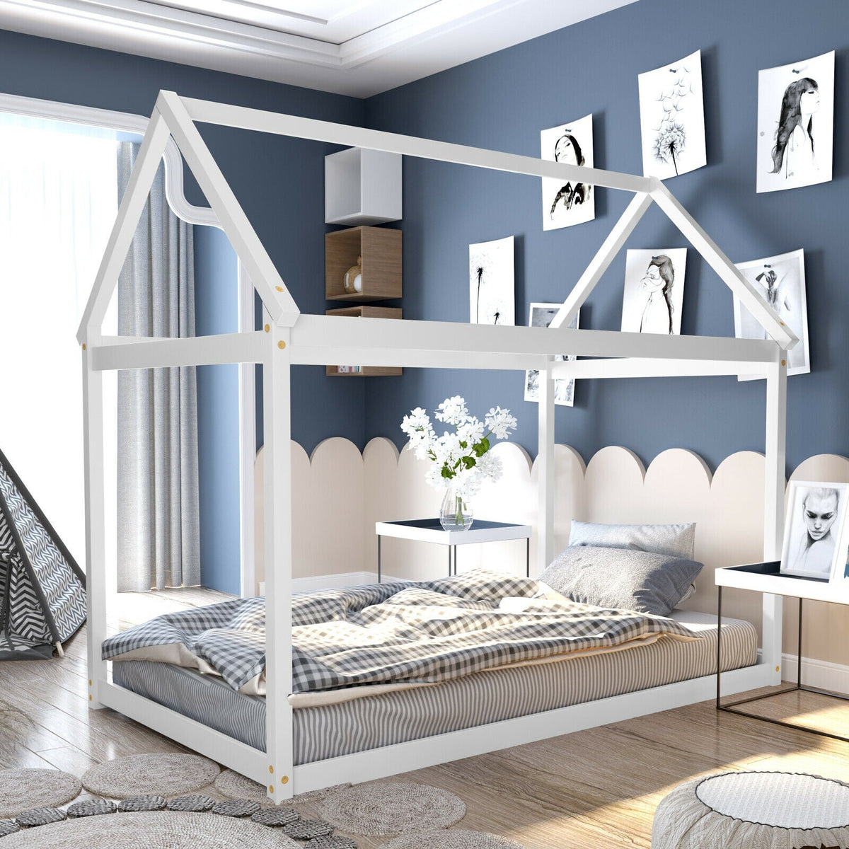 Stable Kids Platform Floor Bed with Roof and Heavy-Duty Slats-Simple Bed Frame-DECOROLALA