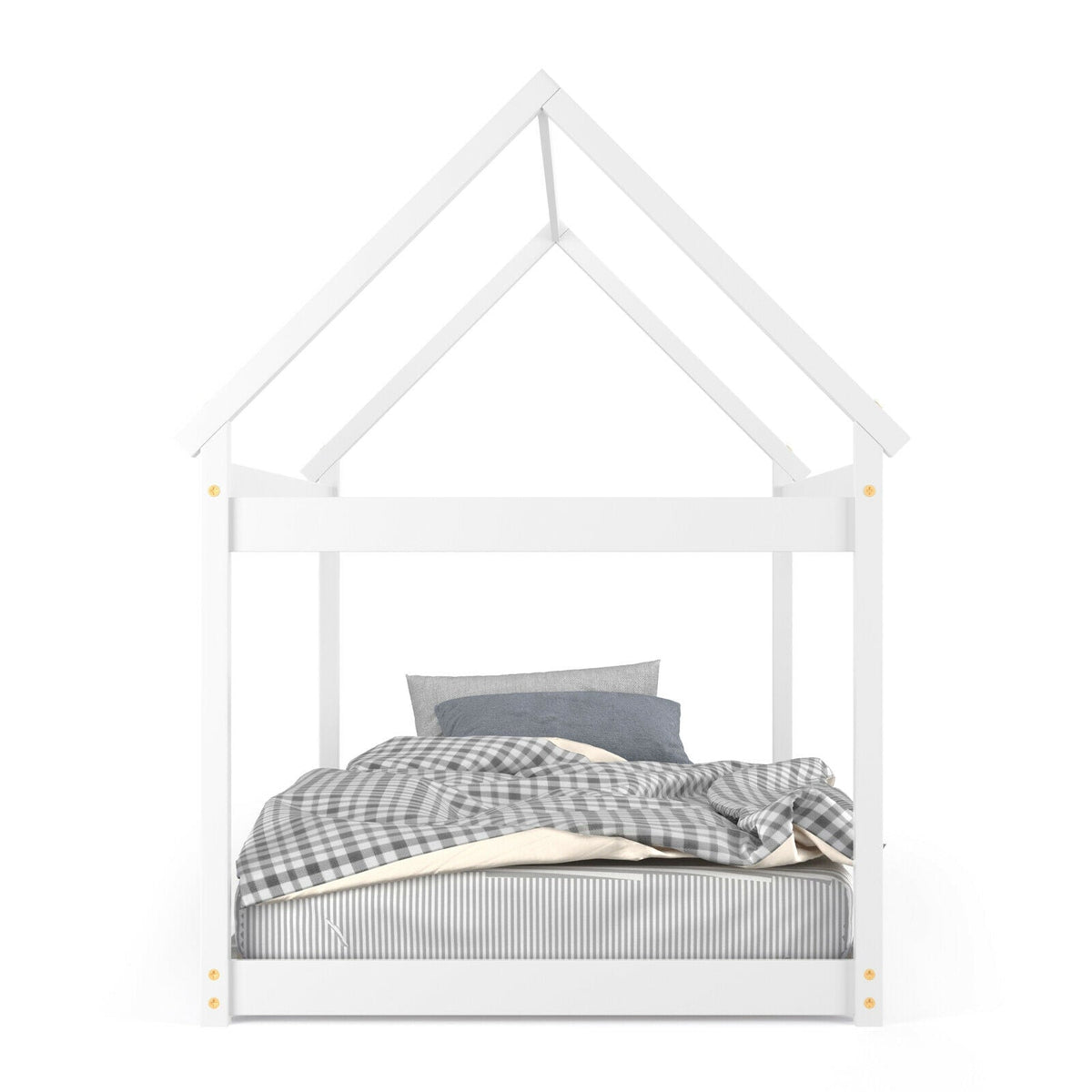 Stable Kids Platform Floor Bed with Roof and Heavy-Duty Slats-Simple Bed Frame-DECOROLALA