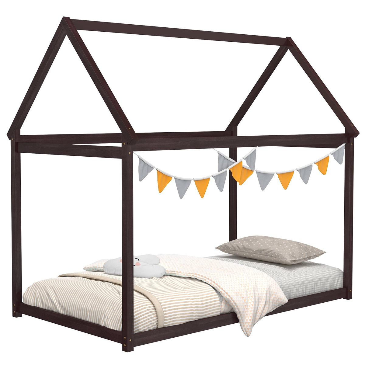 Stable Kids Platform Floor Bed with Roof and Heavy-Duty Slats-Simple Bed Frame-DECOROLALA