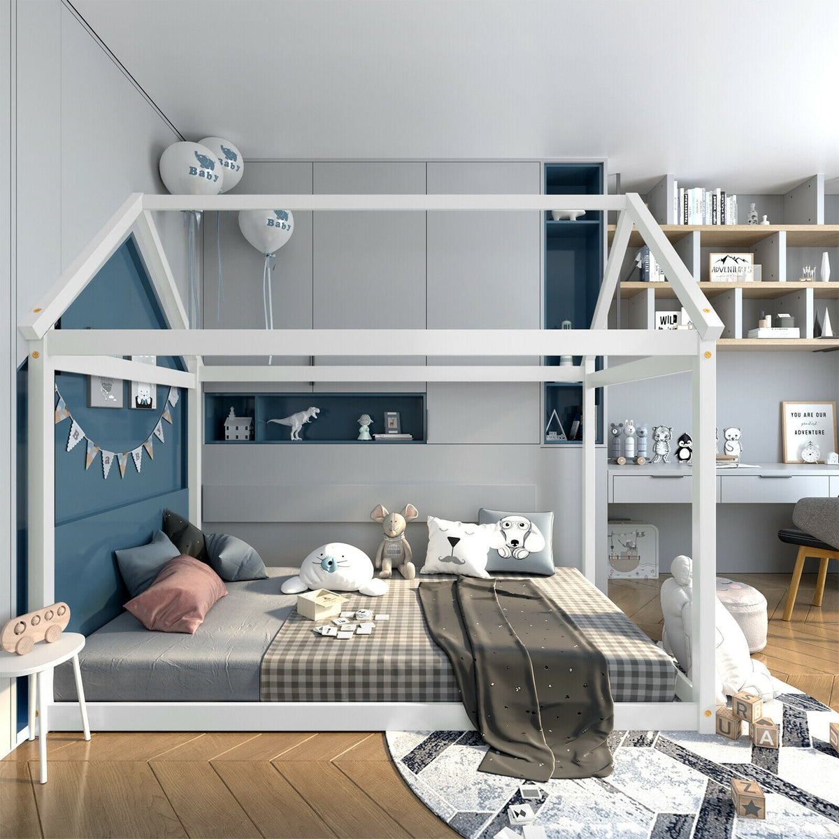 Stable Kids Platform Floor Bed with Roof ang Heavy-Duty Slats-White-Simple Bed Frame-DECOROLALA