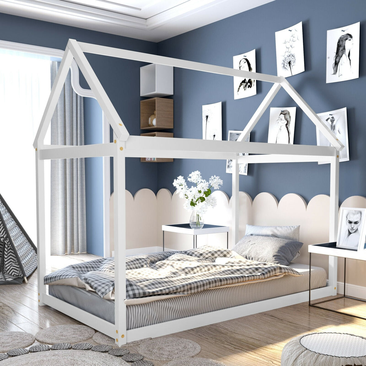 Stable Kids Platform Floor Bed with Roof ang Heavy-Duty Slats-White-Simple Bed Frame-DECOROLALA