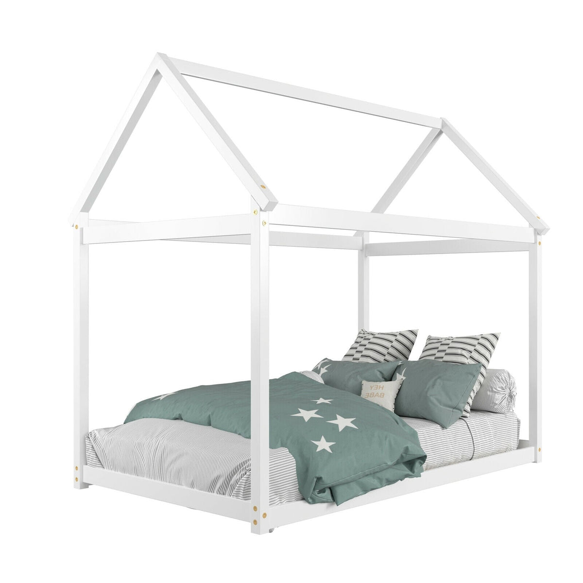 Stable Kids Platform Floor Bed with Roof ang Heavy-Duty Slats-White-Simple Bed Frame-DECOROLALA