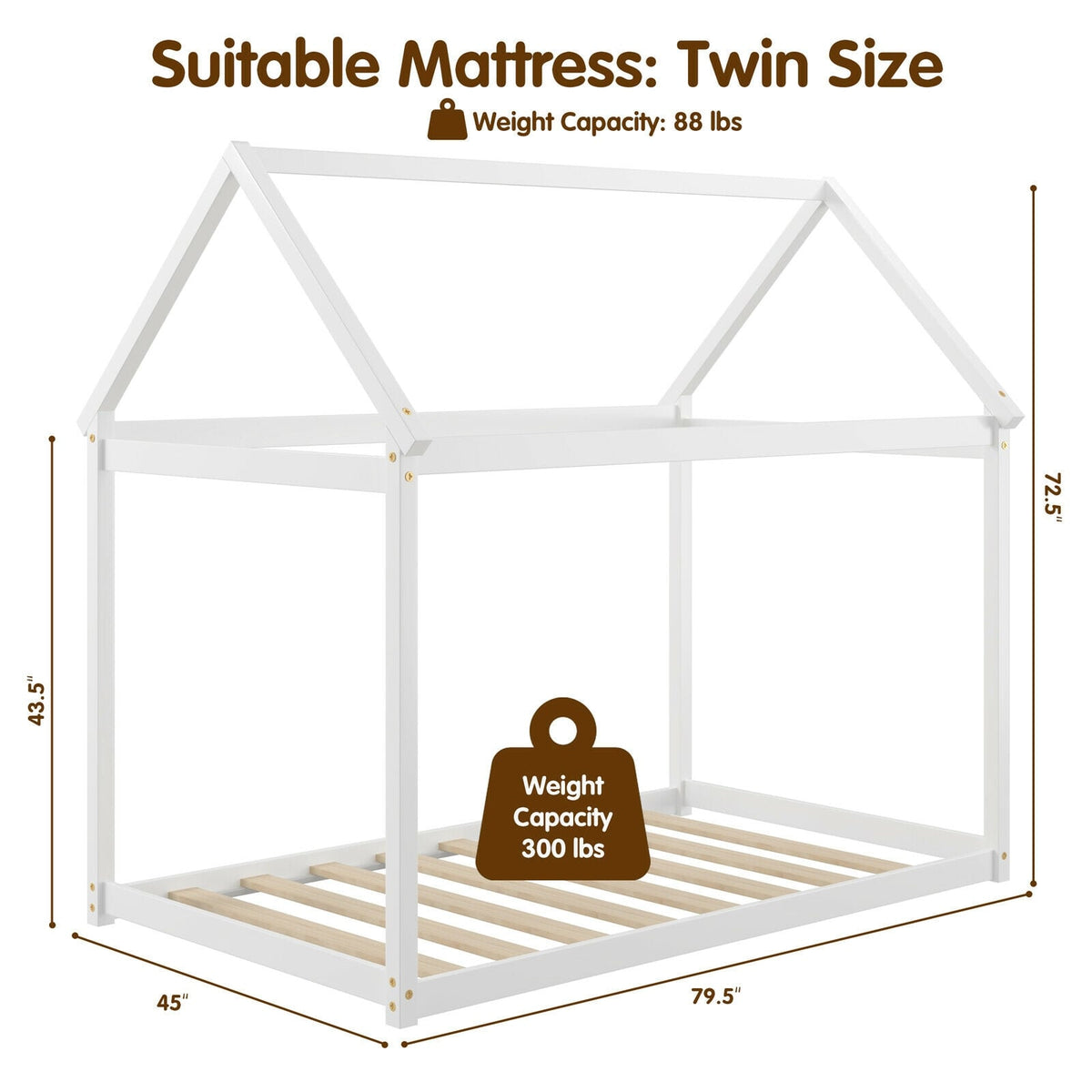 Stable Kids Platform Floor Bed with Roof ang Heavy-Duty Slats-White-Simple Bed Frame-DECOROLALA