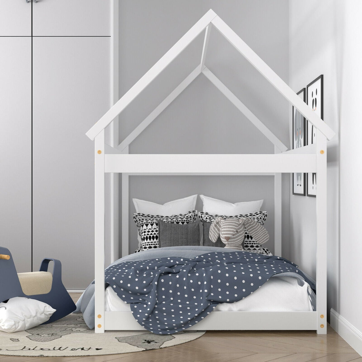 Stable Kids Platform Floor Bed with Roof ang Heavy-Duty Slats-White-Simple Bed Frame-DECOROLALA