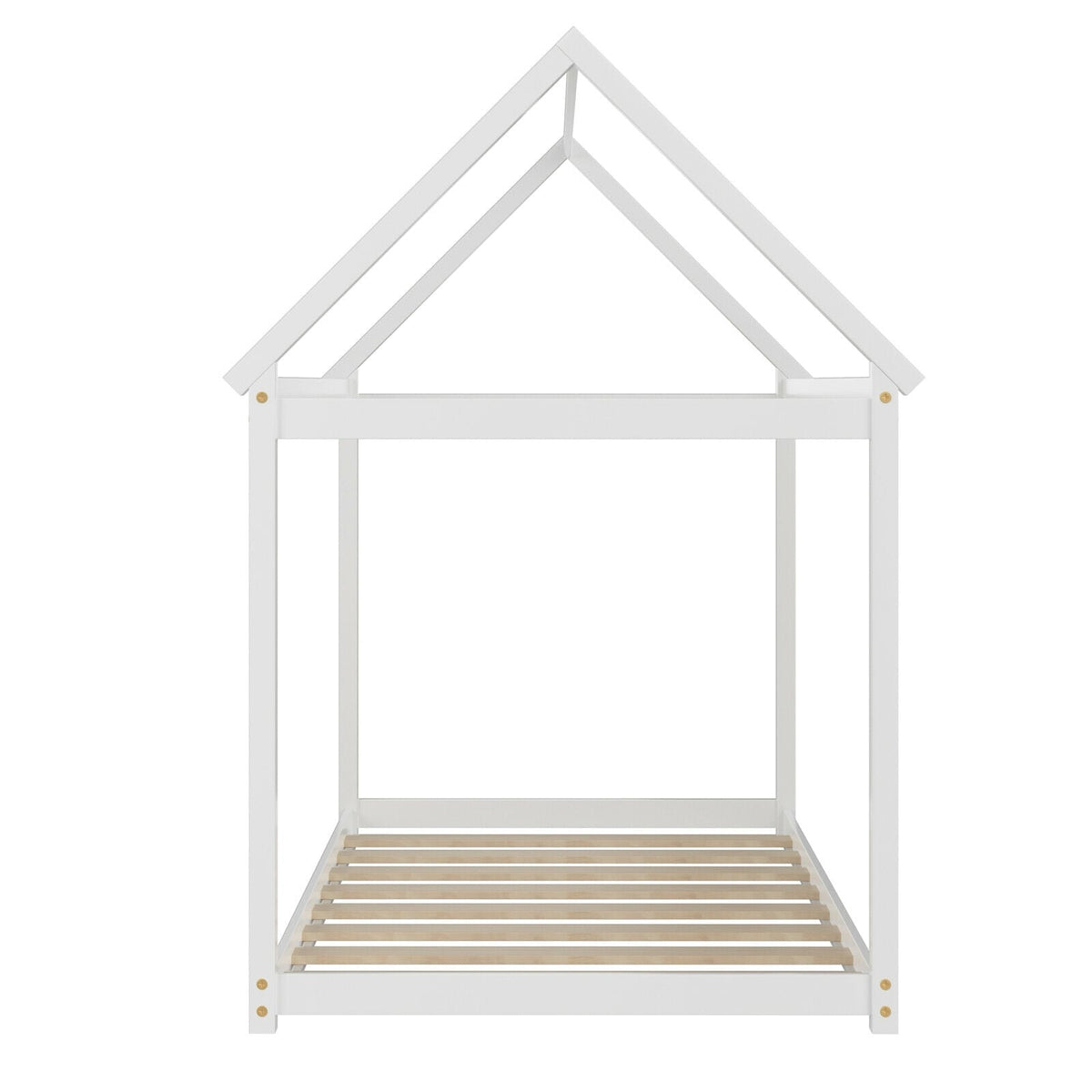 Stable Kids Platform Floor Bed with Roof ang Heavy-Duty Slats-White-Simple Bed Frame-DECOROLALA