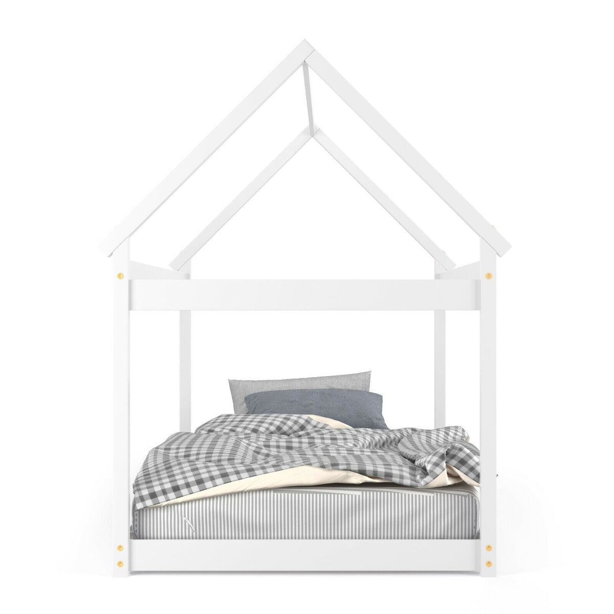 Stable Kids Platform Floor Bed with Roof ang Heavy-Duty Slats-White-Simple Bed Frame-DECOROLALA