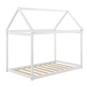 Stable Kids Platform Floor Bed with Roof ang Heavy-Duty Slats-White-Simple Bed Frame-DECOROLALA