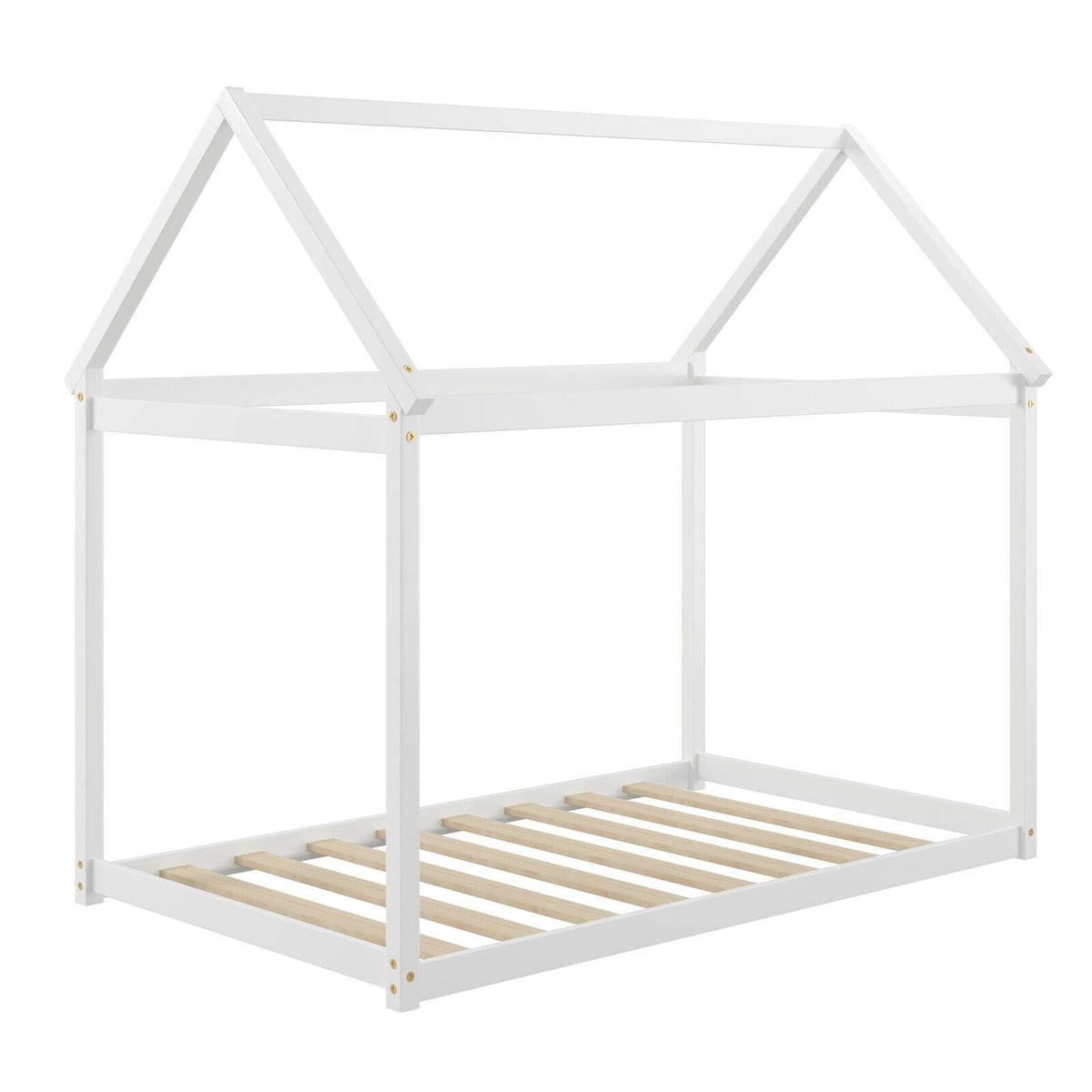 Stable Kids Platform Floor Bed with Roof ang Heavy-Duty Slats-White-Simple Bed Frame-DECOROLALA