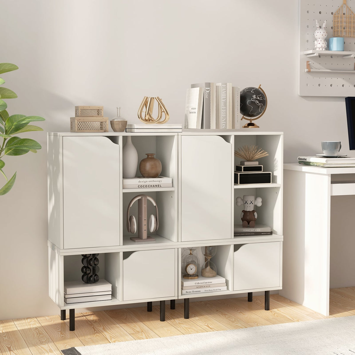 Stackable Bookcase with Adjustable Shelf and Cubes-White-Bookcases-DECOROLALA