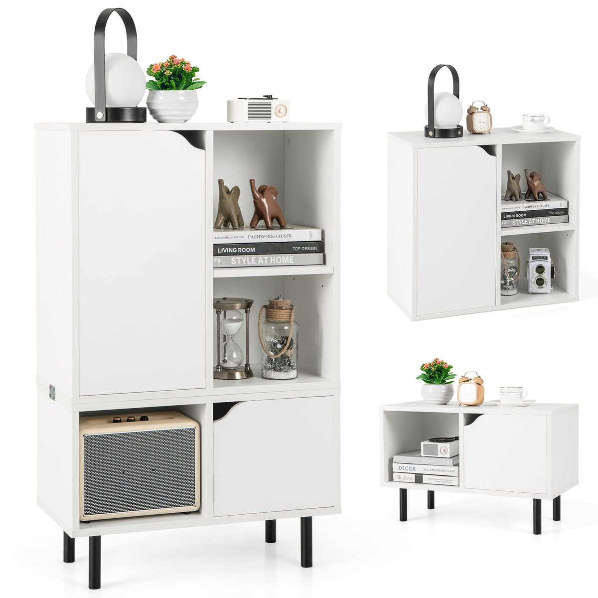 Stackable Bookcase with Adjustable Shelf and Cubes-White-Bookcases-DECOROLALA