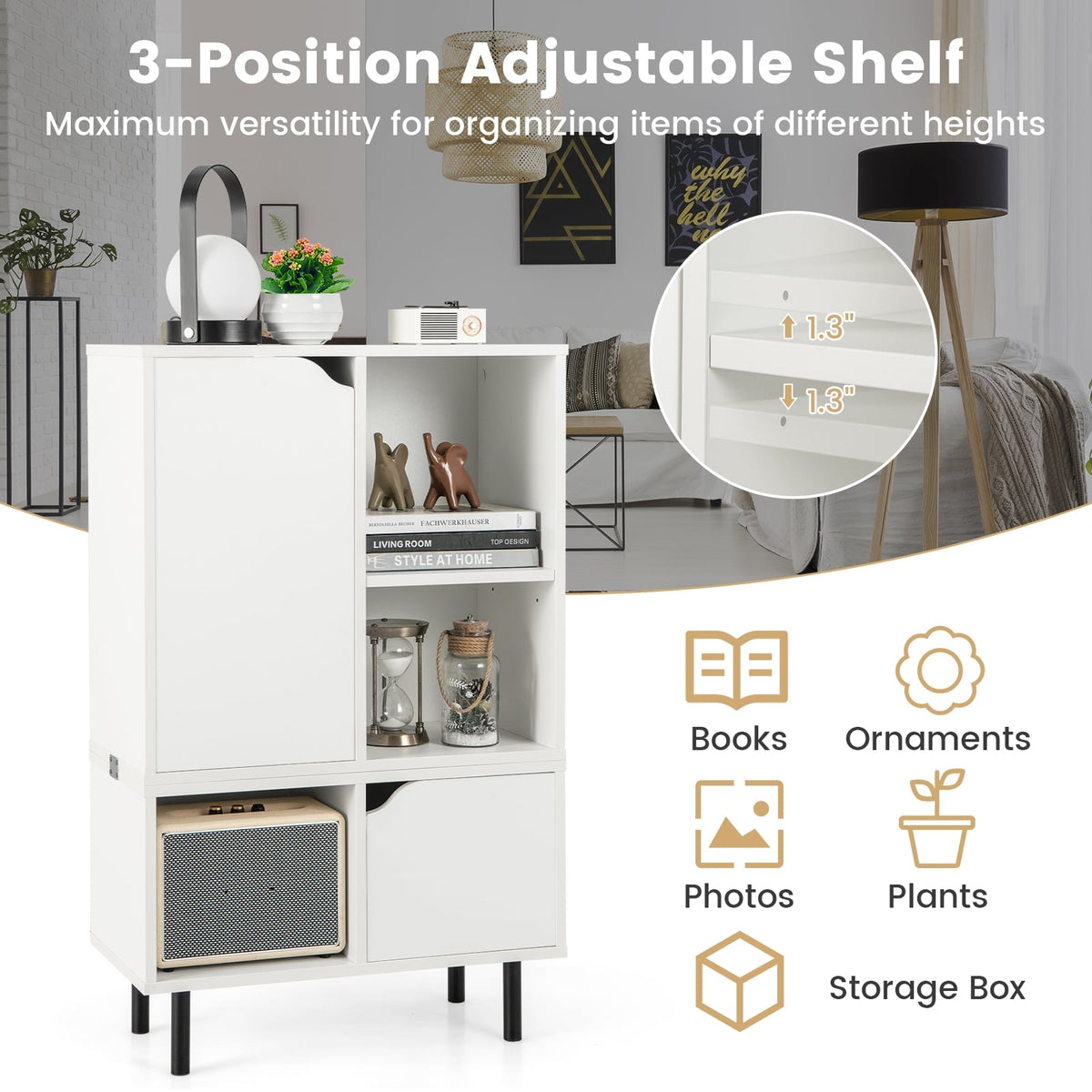 Stackable Bookcase with Adjustable Shelf and Cubes-White-Bookcases-DECOROLALA