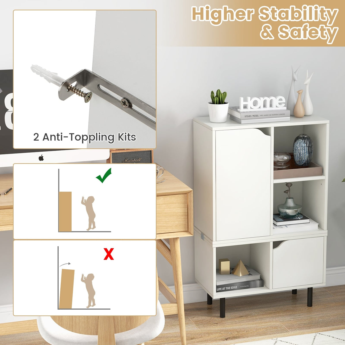 Stackable Bookcase with Adjustable Shelf and Cubes-White-Bookcases-DECOROLALA