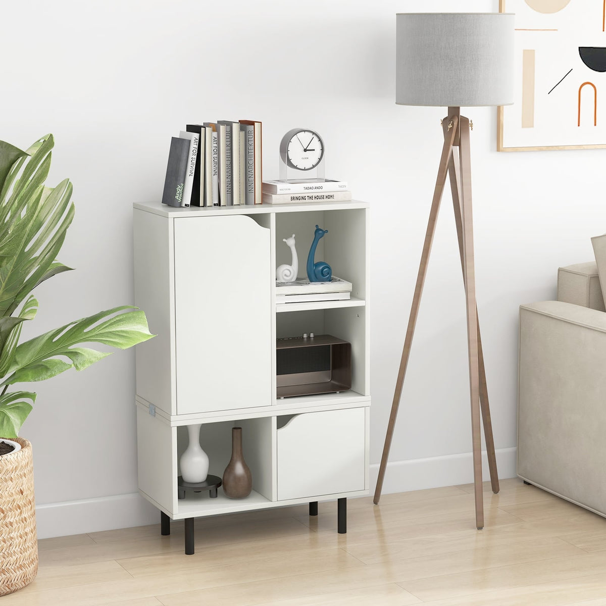 Stackable Bookcase with Adjustable Shelf and Cubes-White-Bookcases-DECOROLALA