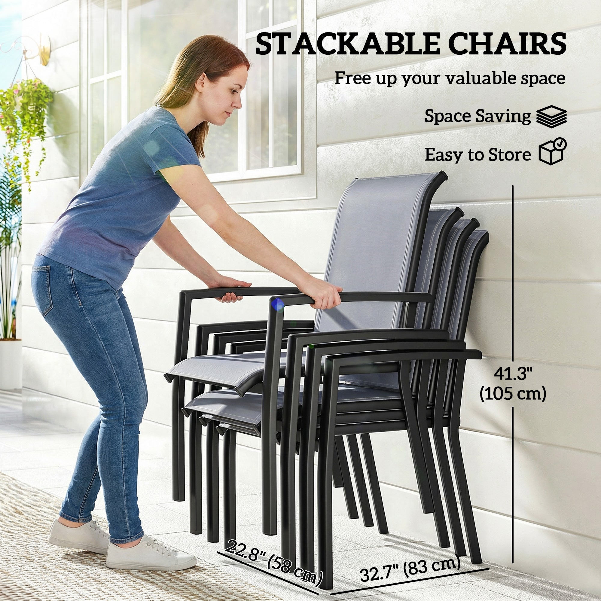 Stackable Patio Chairs Set of 4 Grey Mesh-DECOROLALA
